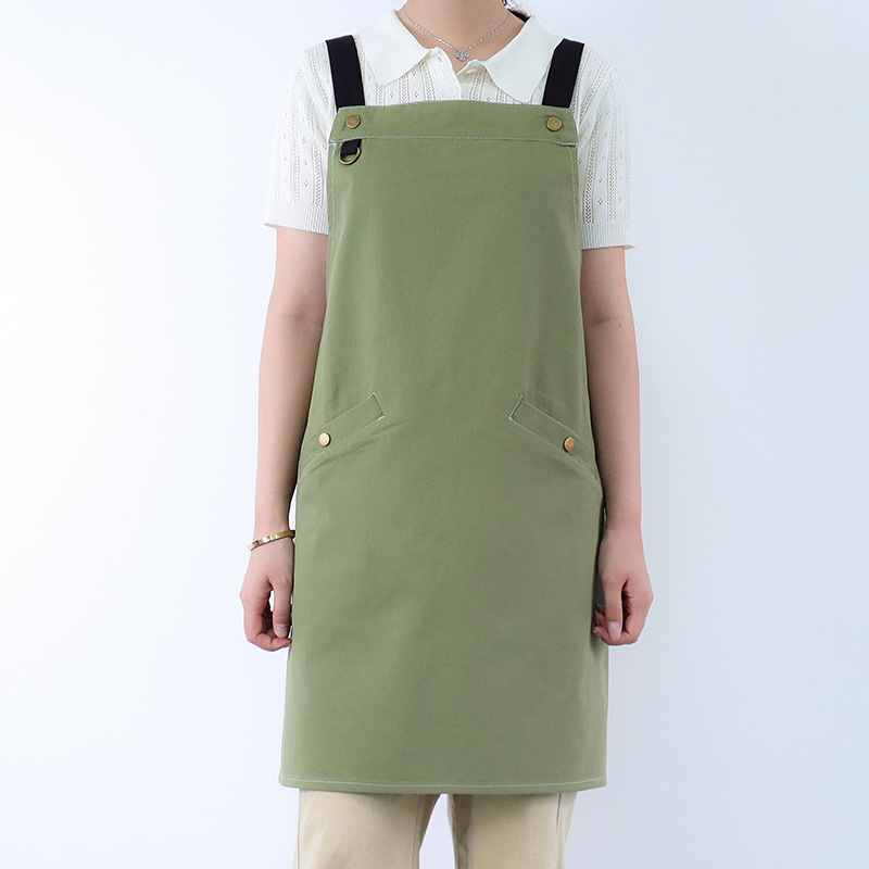 Delantal de algodón transfronterizo personalizado logotipo de botón de bolsillo diagonal correa ajustable camarero ropa de trabajo delantal doméstico