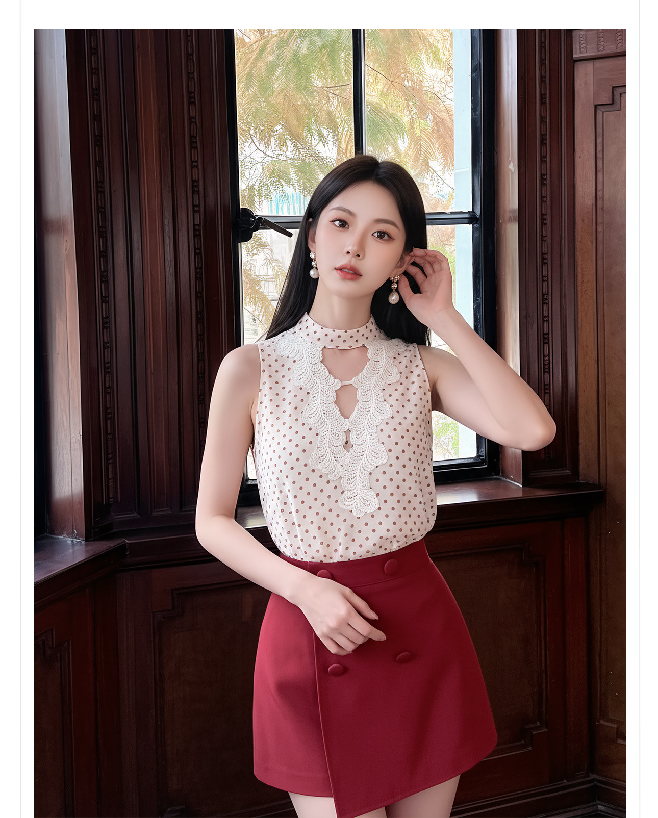 Bộ áo vest và chân váy ngắn họa tiết chấm bi phong cách tân cổ điển mùa hè — Trang phục [Vest+Half Dress], nửa váy, Trang phục [Áo vest+quần short], quần đùi chi tiết 2