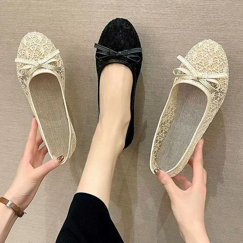 Летние старые северные тканевые туфли, женские туфли на плоской подошве, туфли-бини, туфли с кружевной сеткой, дышащие туфли для беременных с бантом.