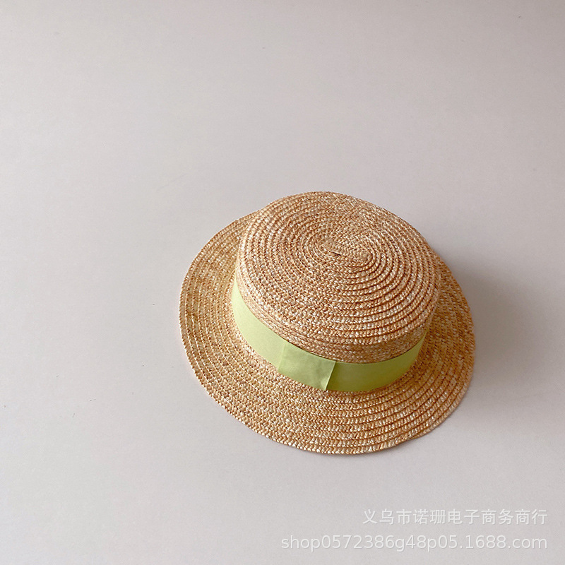 Sombrero de paja de trigo plano para niños, estilo coreano, para playa, ala ancha, protección solar, moda
