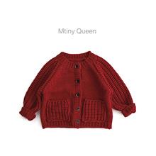 洋气圣诞款～秋冬儿童毛衣韩版男女宝潮针织外套复古红色插肩开衫