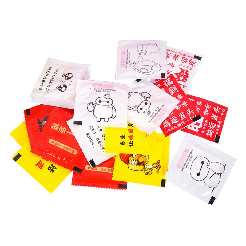 Одноразовые перчатки онлайн красные креативные независимые небольшие упаковки Поддержка печати мультфильма логотипа магазина фирменные пластиковые перчатки