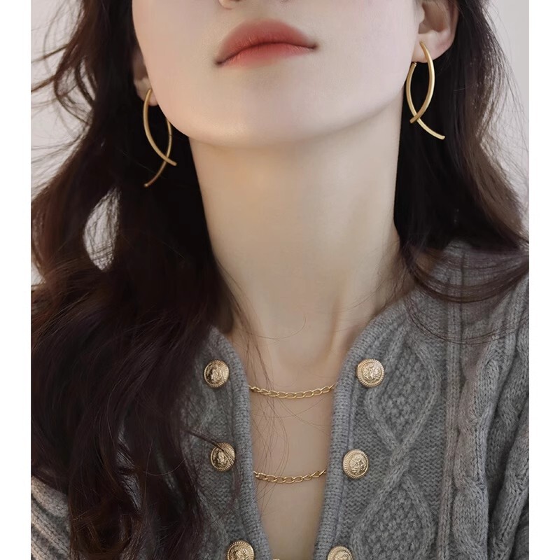 S925 Silver Cross Arc Earrings Advanced Sense South Korea Niche Design Atmospheric Simple Internet Celebrant Cold Style Earrings