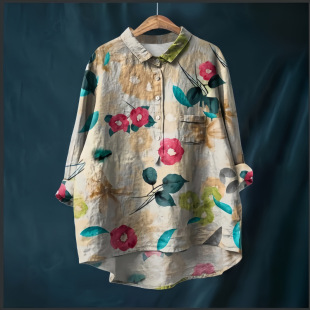 European and American Foreign Trade New Casual Printing Hawaii Long-sleeved Cross-border Women's Long-sleeved Shirt Cotton and Linen plus size Top