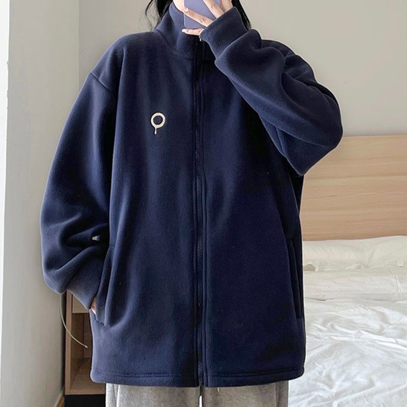 Embroidered Pattern Fleece Winter New Loose Lamb Wool Thickened Jacket Women's Sweatshirt Half-High Collar Petite Top Embroidered Pattern Fleece Winter New Loose Lamb Wool Thickened Jacket Women's Sweatshirt Half-High Collar Petite Top
