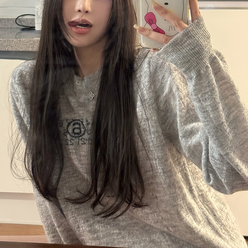 【松弛密码】针织衫女秋破洞印花灰色宽松圆领套头上衣|undefined