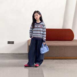 女童韩系条纹针织开衫2026春秋新款圆领小马刺绣宽松毛衣外套童装