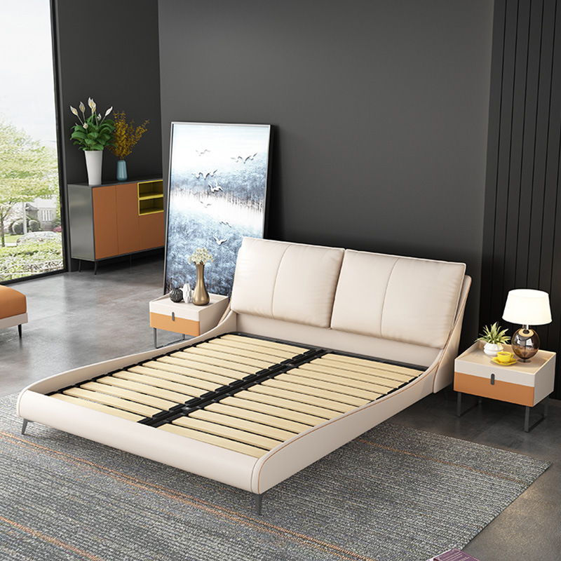 Cama de cuero simple moderna cama de cuero real 1,8 m dormitorio principal cama doble pequeño apartamento cama de boda simple muebles ventas directas de fábrica