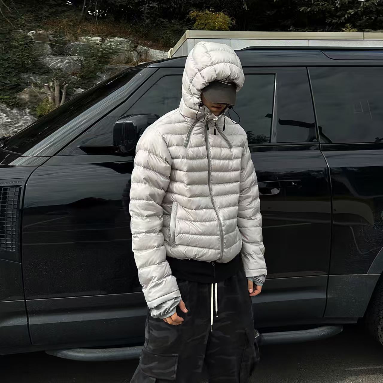 Light Gray Hooded For Men Winter High-end Korean Style Cool Bread Jacket Casual Warm Cotton Coat_viptrois.com