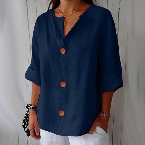 2025 Spring and Summer New Amazon Cross-border Europe and America New Loose T-shirt Women's V-neck Cotton Linen Button Top 