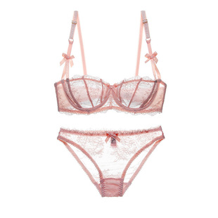 French Style Sexy 1/2 Cup Push-up Large Chest Bra Set Lace Transparent Half Cup Bra
