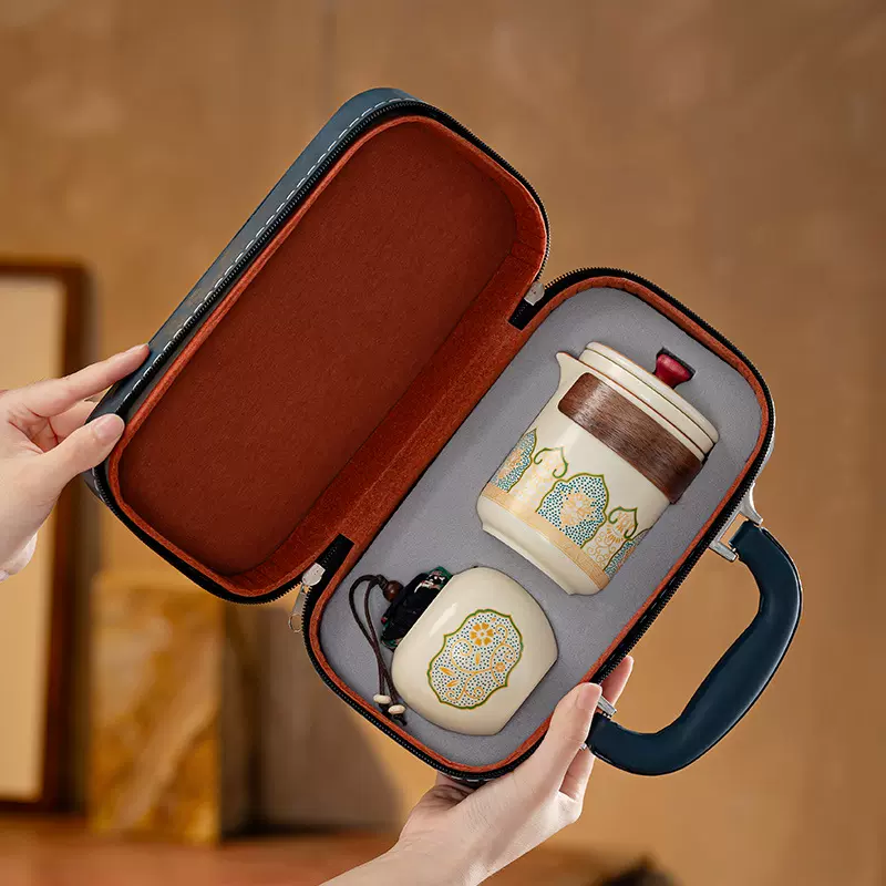 新中式汝窑古韵旅行茶具套装快客杯户外便携一壶三杯商务礼品定印