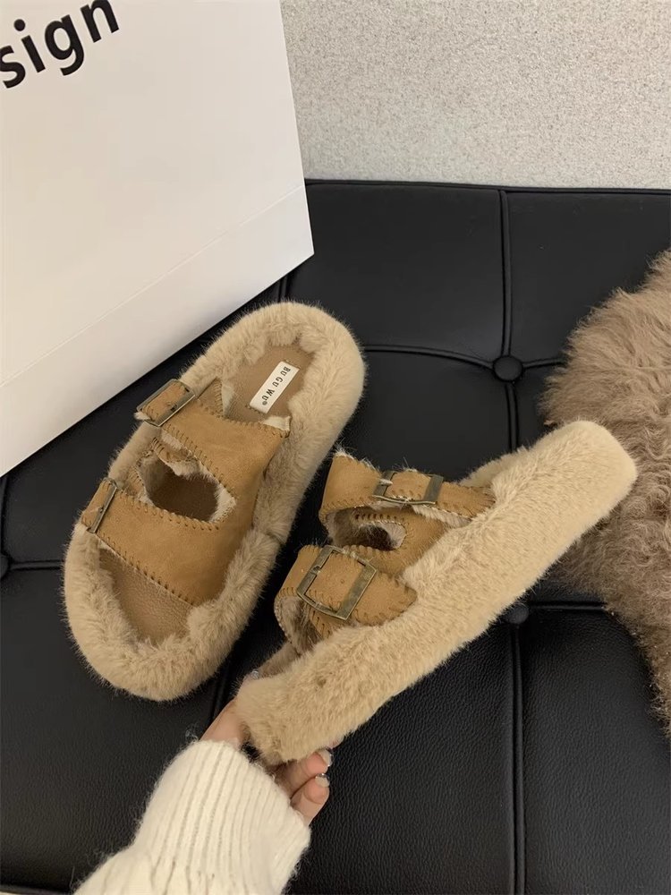 Internet celebrity soft-soled fur slippers for women's outer wear 2023 autumn and winter new sheep curly slip-on cotton slippers_voghion.com