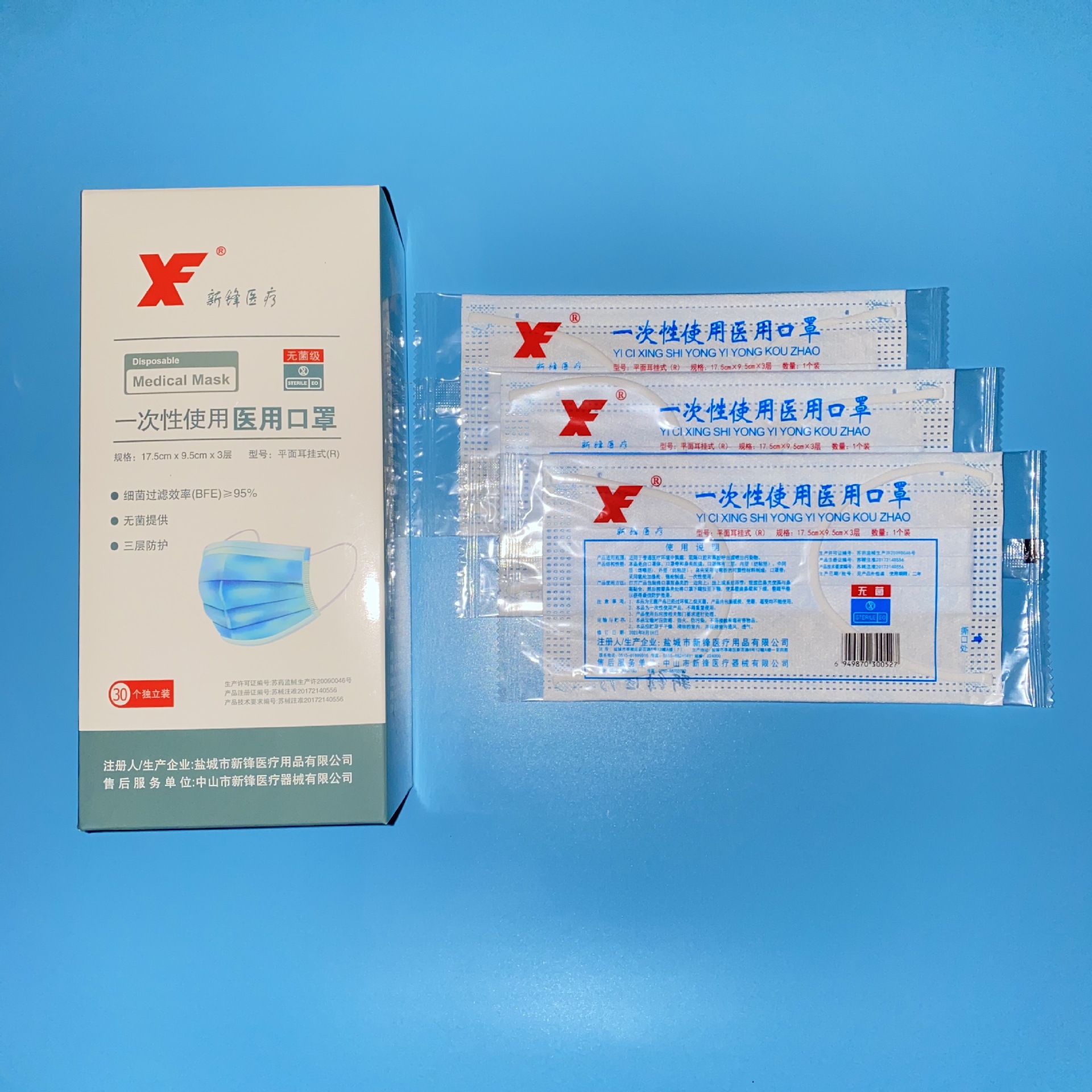 新锋医疗一次性医用口罩 三层灭菌级口罩装独立包装30片/盒装口罩
