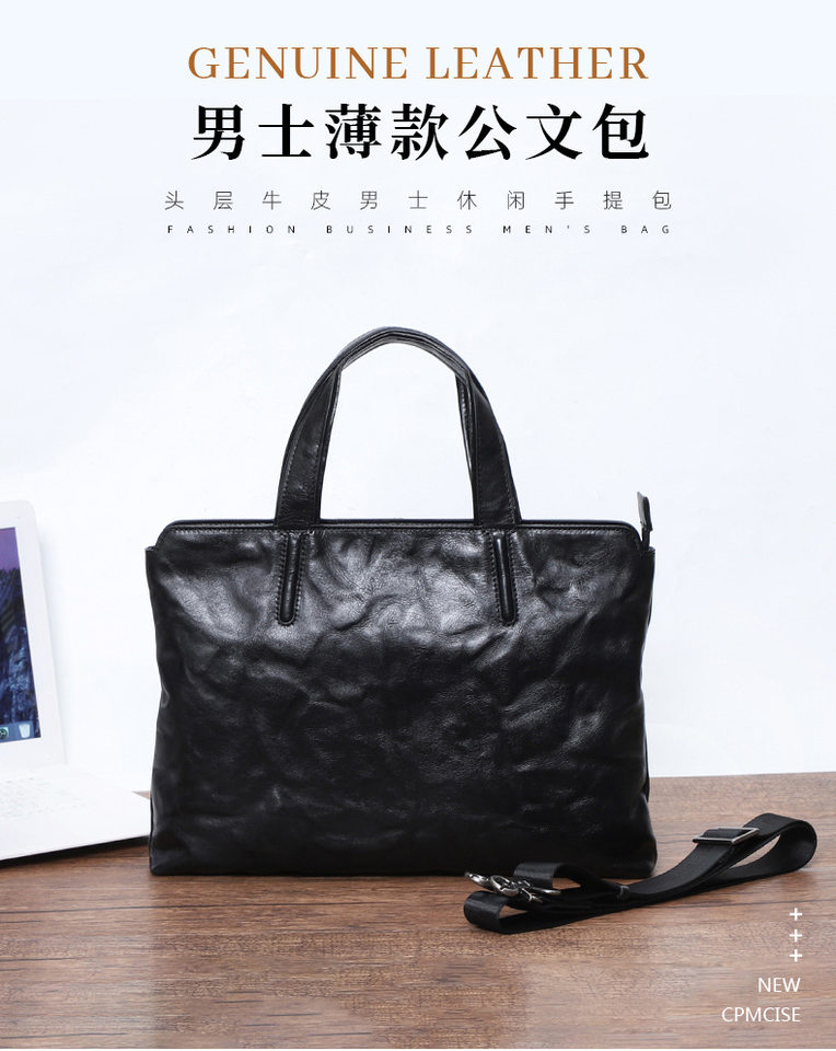 Túi xách tay nam da bò thật 37×7×26 cm kiểu công sở có quai đeo chéo — Màu đen chi tiết 1