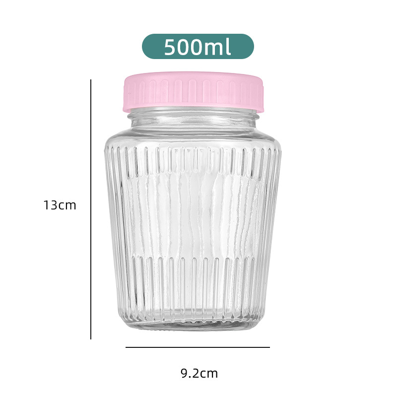 핑크 플라스틱 뚜껑이있는 500ml 유리 항아리; 투명