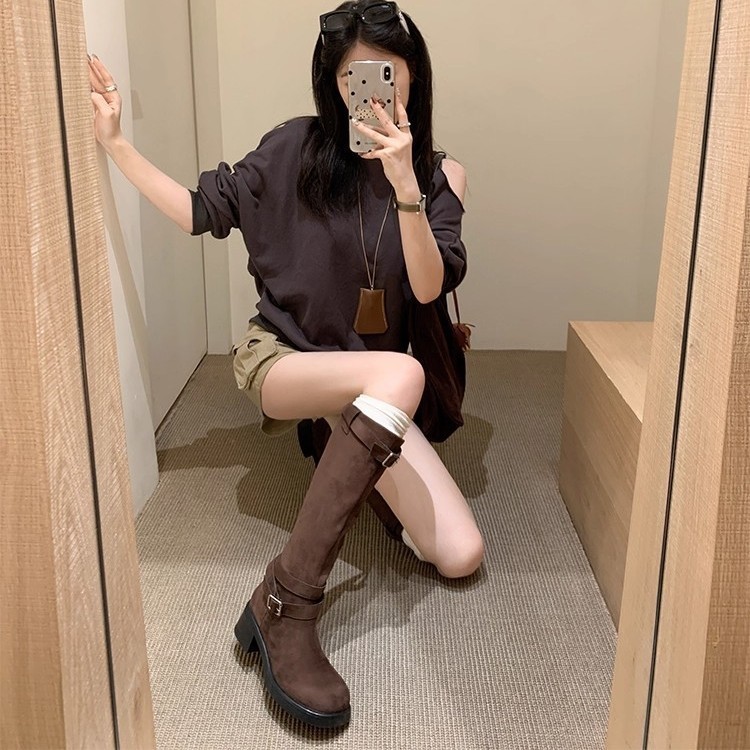 现货~内增高7.5CM苏茵茵两穿粗跟西部沙漠中高筒弹力长靴女堆堆靴|undefined
