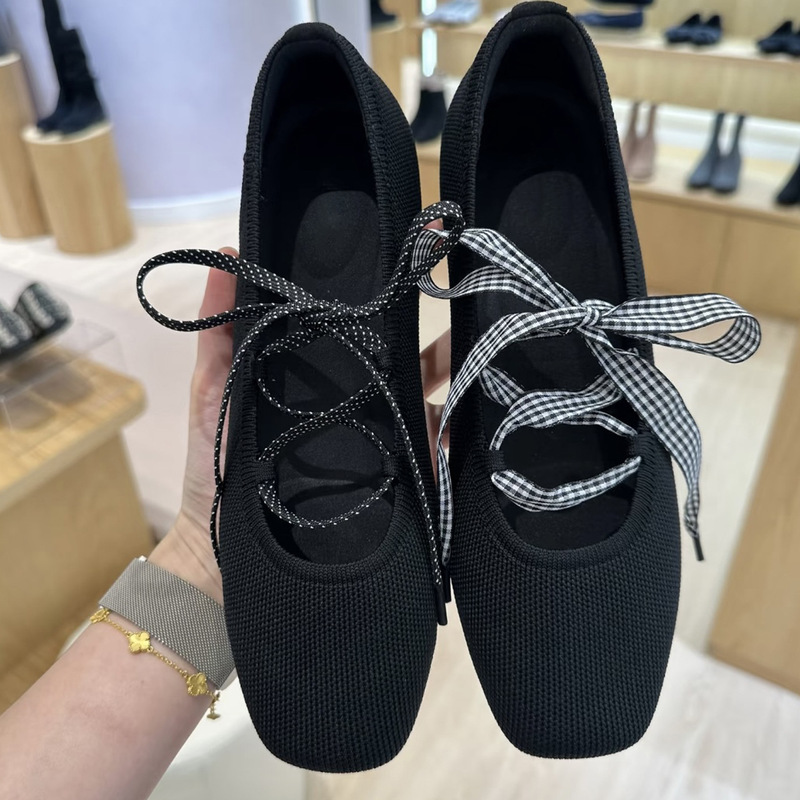Black Knitted Cross-Strap Ballet Shoes for Women, 2026 Spring New Square-Toe Flat Mary Jane Shoes Black Knitted Cross-Strap Ballet Shoes for Women, 2026 Spring New Square-Toe Flat Mary Jane Shoes