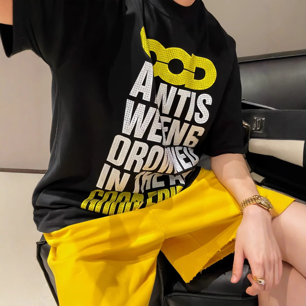 老白同款 GOODBRAND GOOD字母满钻圆领宽松直筒短袖T恤女男