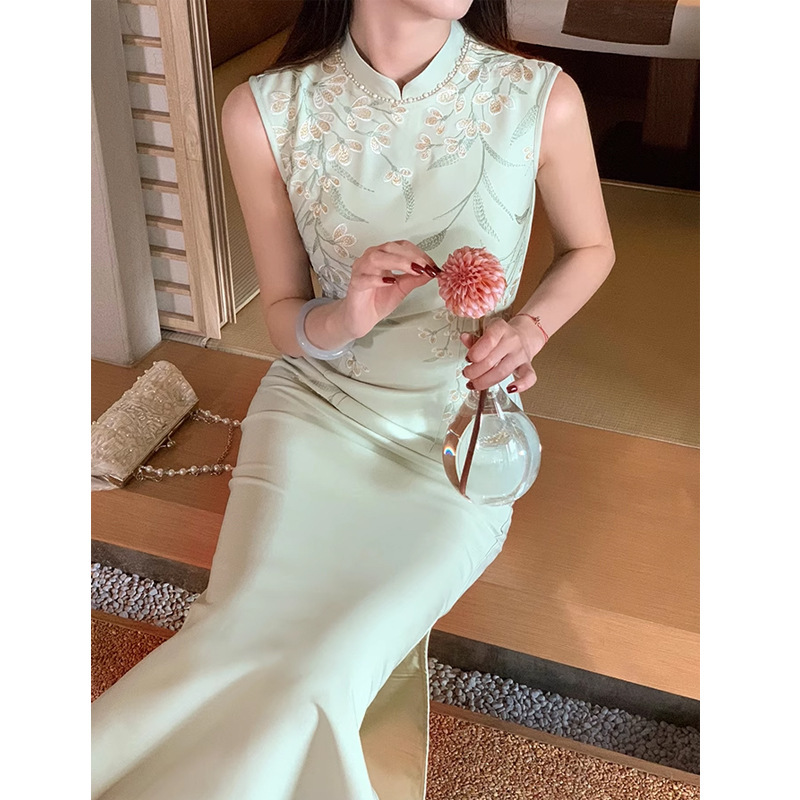 锦倩【青绣】新中式气质优雅绣花改良旗袍夏季女绝美连衣裙旗袍领|undefined