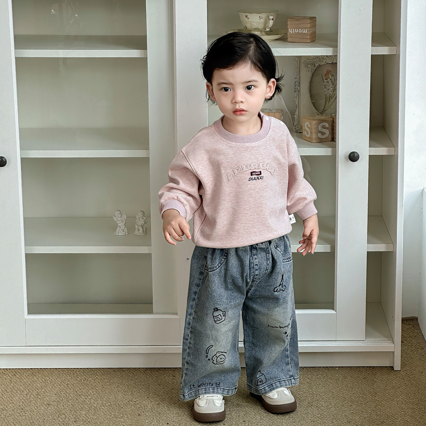 点兮2025秋季新款婴幼儿字母卫衣套装男宝宝韩版上衣牛仔裤两件套