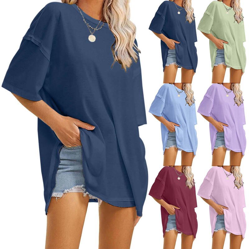 2025 European and American Cross-Border Summer Women's Independent Station Popular Pure Color Round Neck Loose T-Shirt with Slits on Both Sides