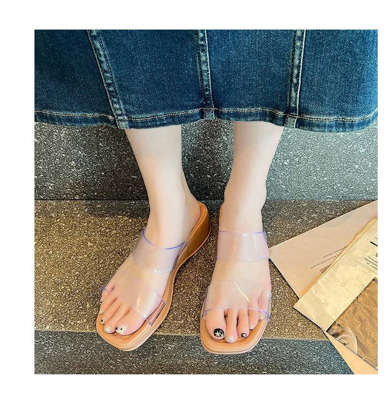 夏季新款坡跟拖鞋女时尚透明双带方头一字拖水晶PVC防滑沙滩凉鞋-阿里巴巴