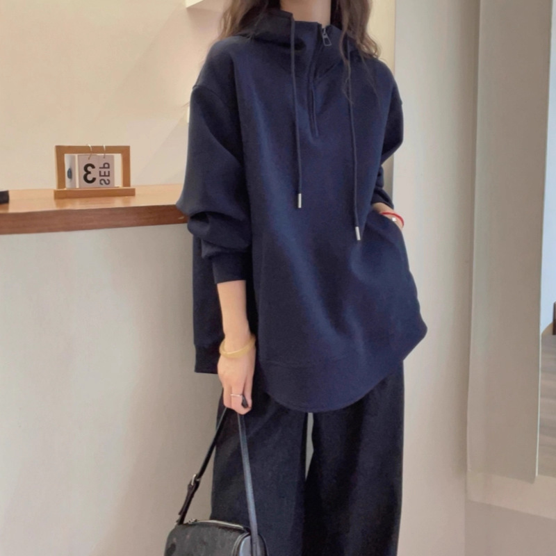欧货连帽半拉链正肩卫衣女秋季大码胖mm显瘦中长款遮屁股洋气上衣|undefined