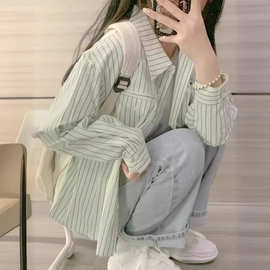法式港风条纹衬衫外套女2026夏季新款日系复古宽松防晒长袖衬衣