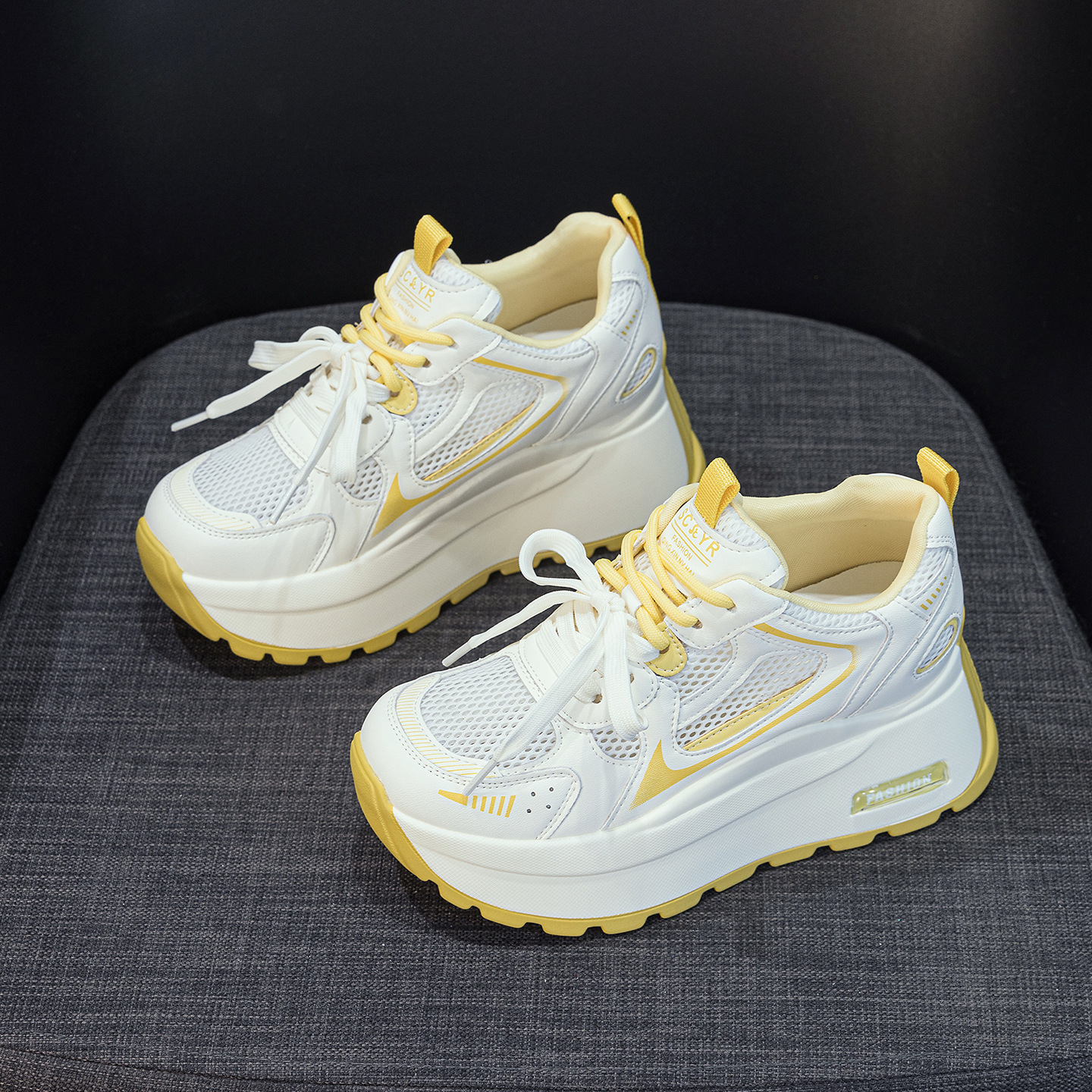 Giày sneaker nữ đế dày phong cách cổ điển, tăng chiều cao, phối màu xám vàng — Xám 5032-1, Vàng 5032-1