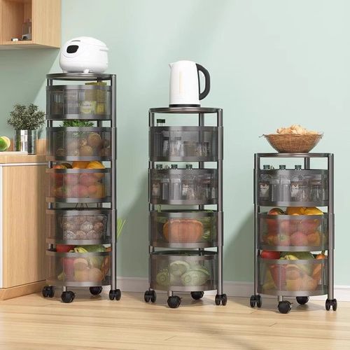Rotating Vegetable Storage Rack Kitchen Floor Multi-layer Round Fruits and Vegetables Storage Stand Movable Installation-Free Organizer