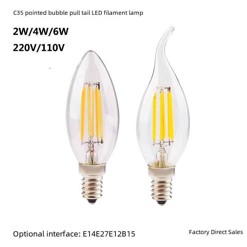 LED燈絲燈蠟燭燈C35尖泡拉尾E14E27E12 220V110V 2W4W6W廠家批發