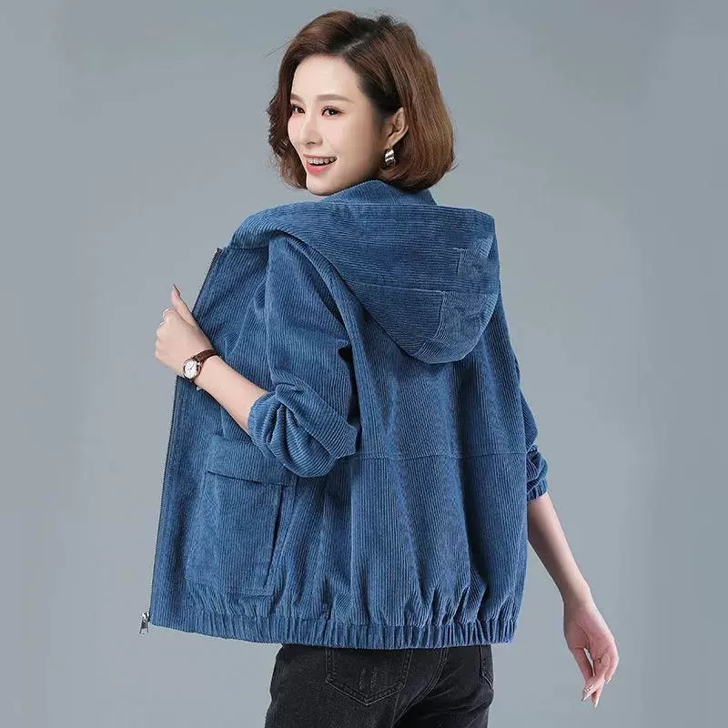 Короткая вельветовая куртка с капюшоном для мамы на отдых, 2024 года, plus size
