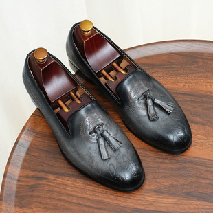 Summer Carved Lefu Leather Shoes Men's Genuine Leather Business Formal Dress British Tassel Retro Soft Sole Slip-on Casual Men's Shoes
