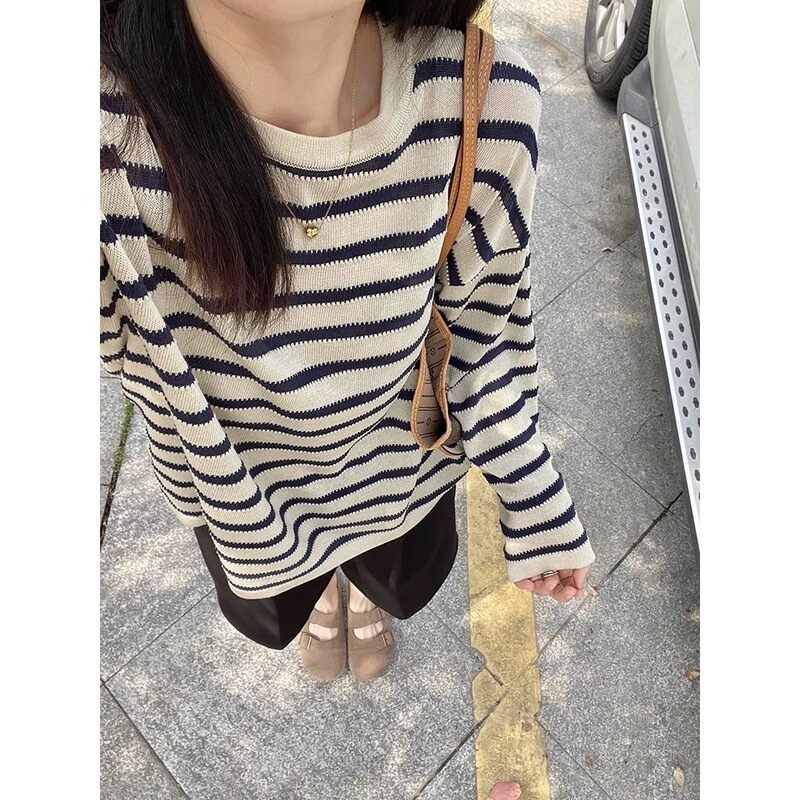 韩系设计感条纹薄款长袖T恤女2025夏季新款慵懒风防晒罩衫上衣|undefined