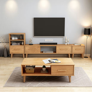 Nordic Modern Simple Full Solid Wood TV Cabinet Coffee Table Combination Small Apartment Living Room Bedroom Log TV Cabinet