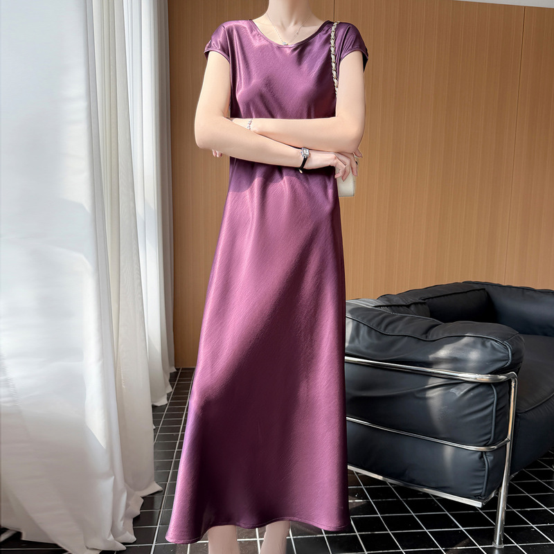 2026 Spring/Summer New Gold Satin Round Neck Dress with Small Flutter Sleeves, Slim Fit, Solid Color Long Dress for Women