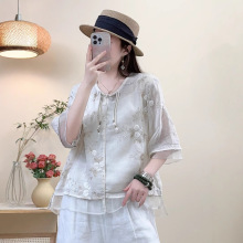 2025夏季新款苎麻刺绣宽松文艺拼接欧根纱中袖短款衬衫