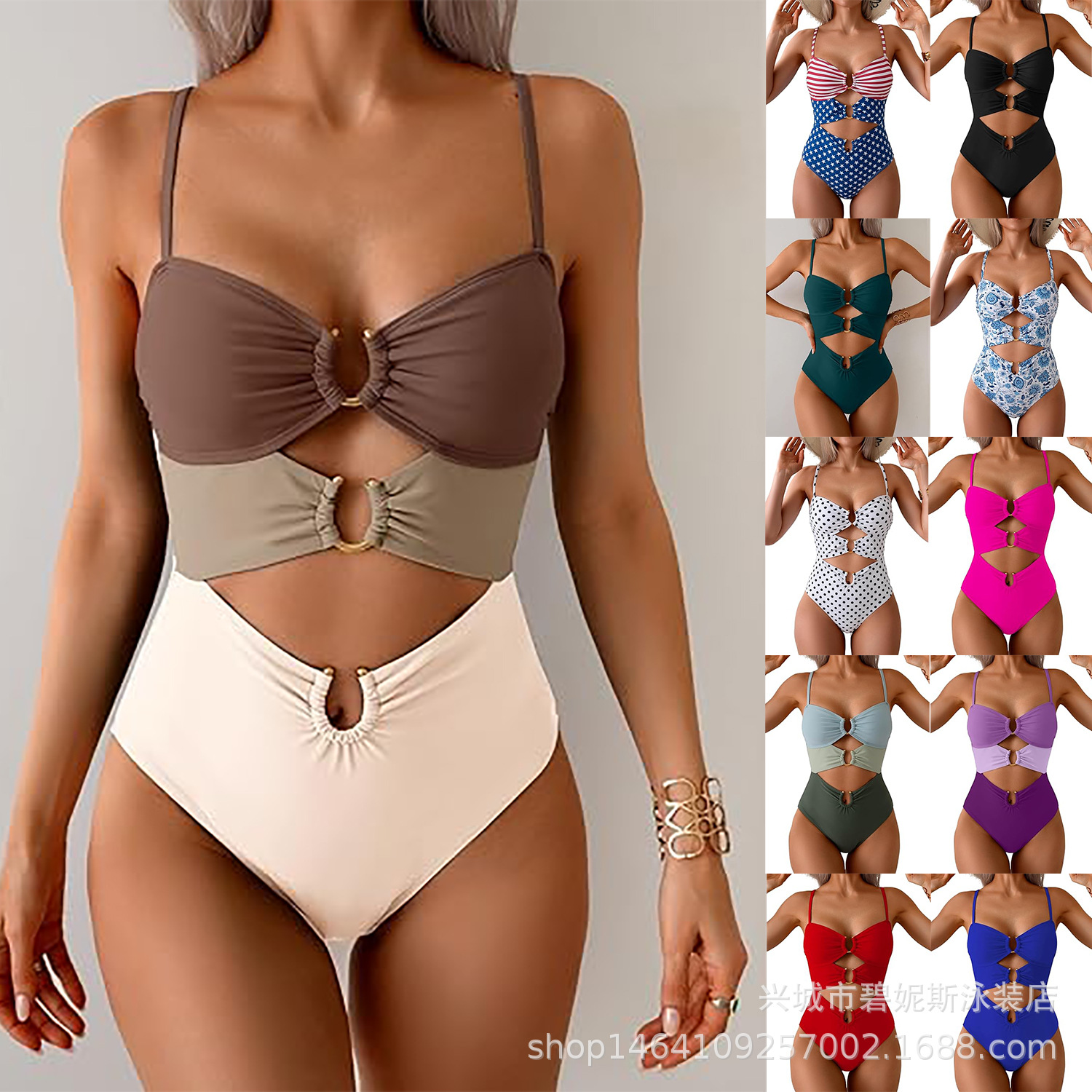 New European and American Foreign Trade Swimsuit Women's One-Piece Cross-Border Amazon Hot Style Sexy Solid Color Bikini Women's Swimsuit