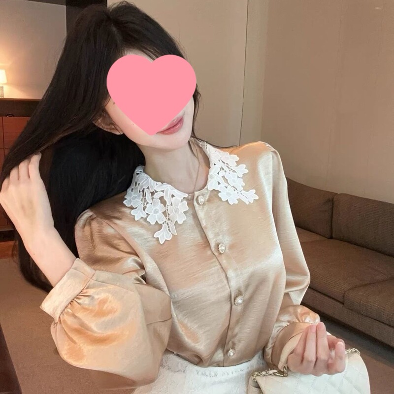 French Lace Doll Collar Puff Sleeve Satin Shirt for Women Autum New Style Beautiful Palace Style Shirt Top