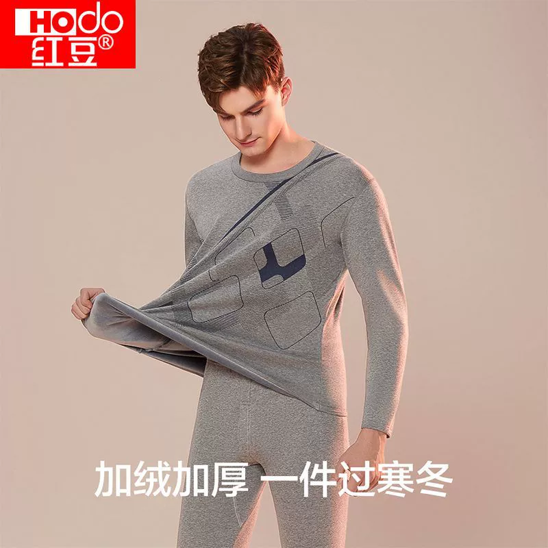 Red Bean [350 г утолщенного теплого флиса] Мужской комплект термобелья с принтом и круглым вырезом с принтом, подходит для верхней одежды, осенней одежды и брюк.
