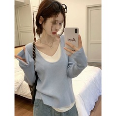 假两件针织衫女秋季韩版205新款撞色拼接软糯领设计感长袖上衣