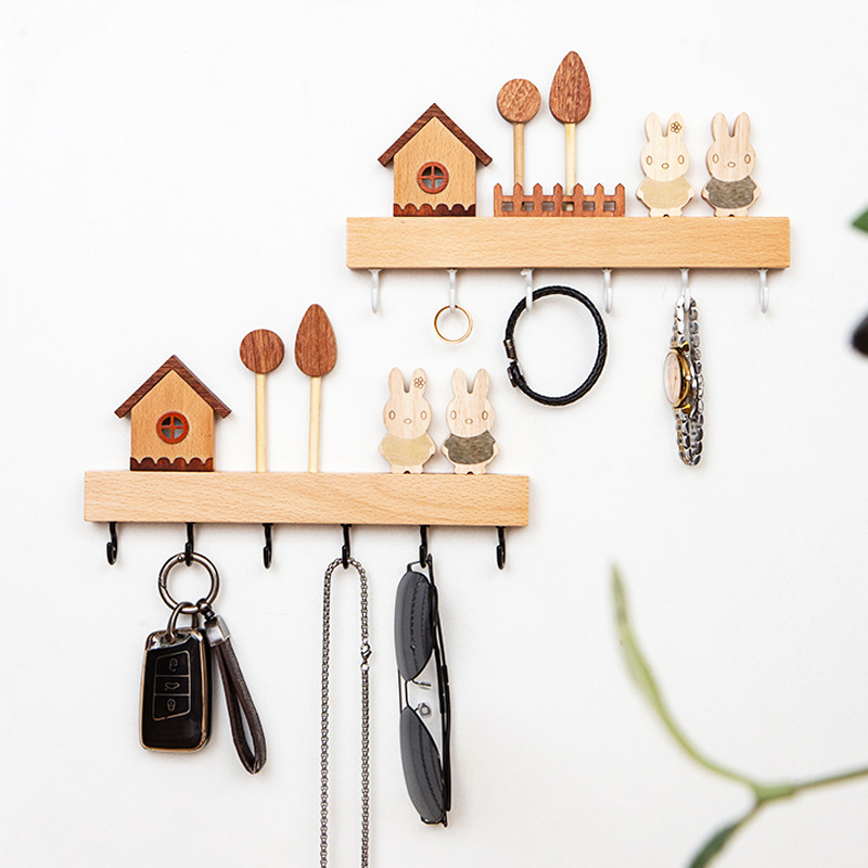 Creative Nordic Key Hook Wall Beech Wood Hallway Decoration Key Storage Rack Wall Mounted Entry Door without Punch