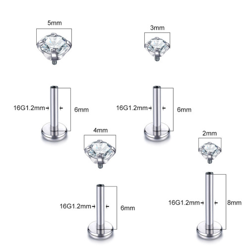 Flat-bottomed stainless steel labret stud with European and American style light luxury inner zirconia simple and personalized piercing lip ring jewelry