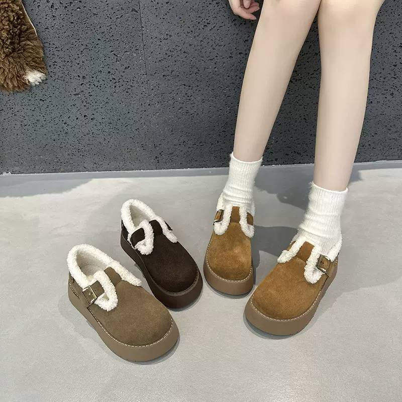 真皮厚底勃肯棉鞋女2024冬季新款复古加绒女鞋一脚蹬保暖毛毛鞋
