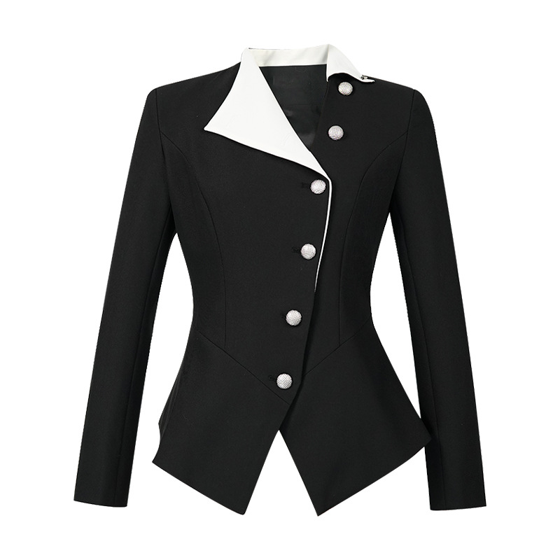 Áo blazer nữ đen trắng phối màu thắt lưng, kiểu dáng công sở hiện đại — đen