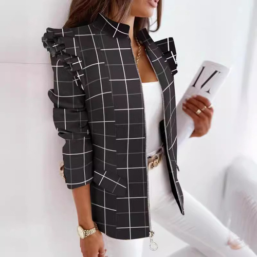 2025 independent station wish Amazon autumn and winter long-sleeved zipper printed suit jacket for women