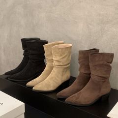 高跟尖头绒面卡其色瘦瘦法式小短靴女鞋2025新款堆堆靴春秋单靴子