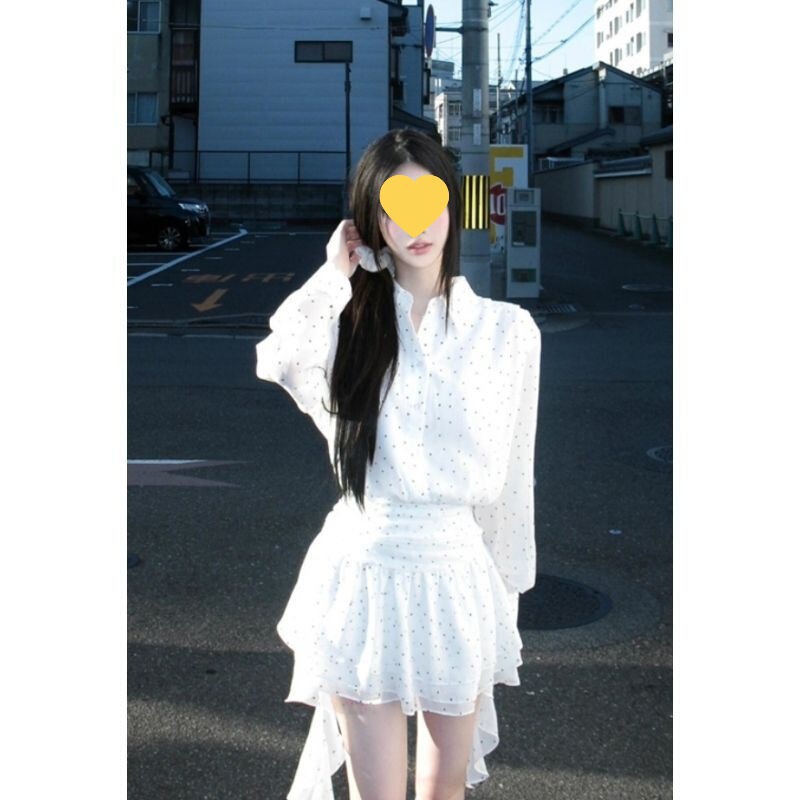 甘くて優しいスタイルのドット長袖シャツドレス夏の新しい気質ウエスト不規則なリボンスカート女性用|undefined