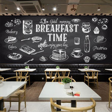 3D个性黑白涂鸦壁纸蛋糕奶茶咖啡店休闲壁画汉堡披萨店西餐厅墙纸
